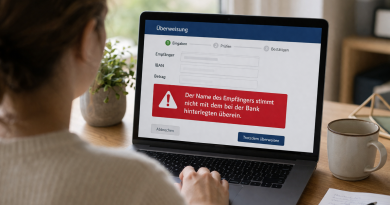 IBAN-Namensabgleich: Wie Sie Spendenverluste vermeiden Frau an Laptop mit Warnhinweis IBAN-Namensabgleich Empfängerprüfung