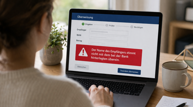 Frau an Laptop mit Warnhinweis IBAN-Namensabgleich Empfängerprüfung