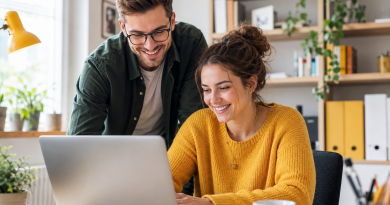 Zwei junge Erwachsene sitzen vor einem Laptop und nehmen an einem Webinar teil.
